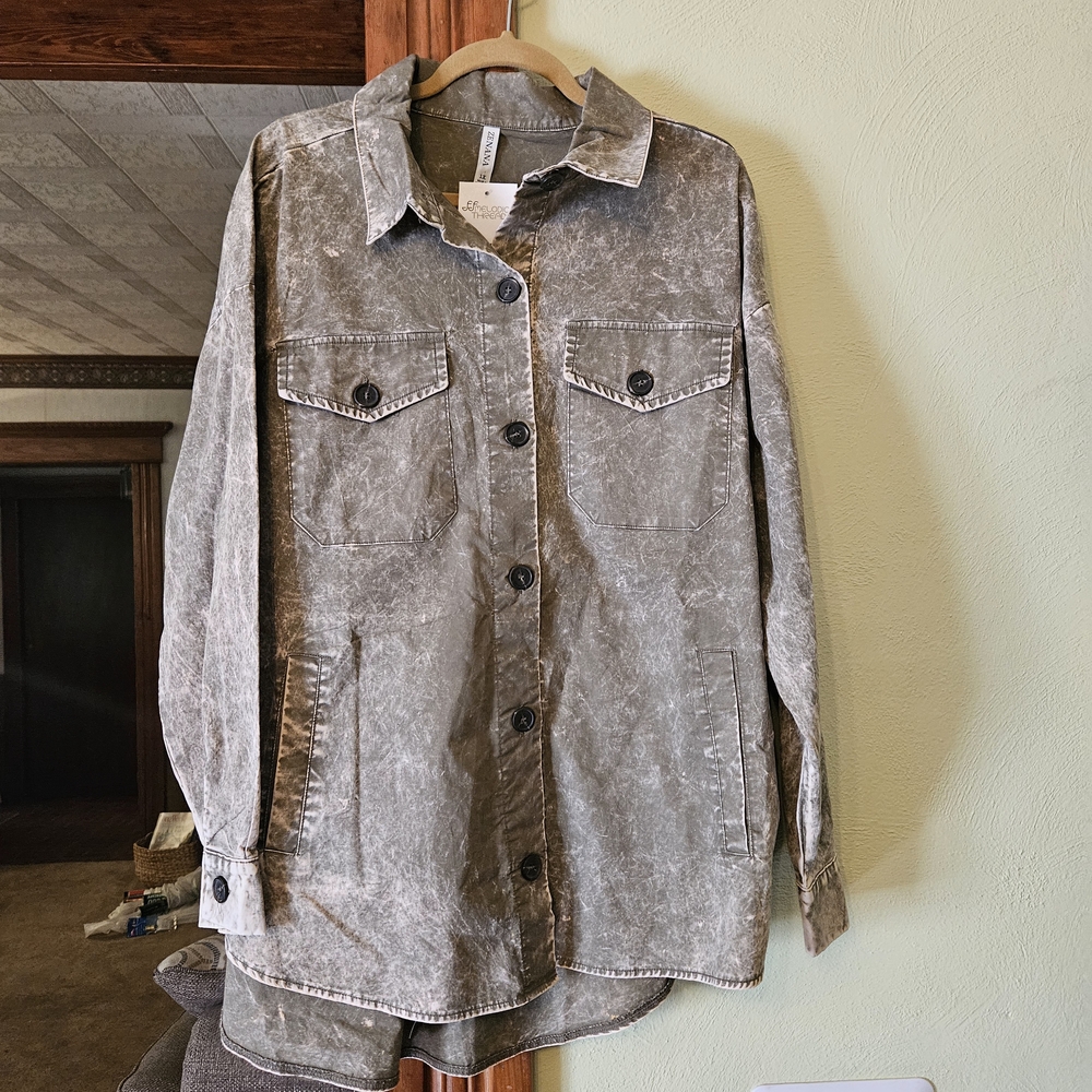 Zenana Outfitters Distressed Gray Utility Jacket